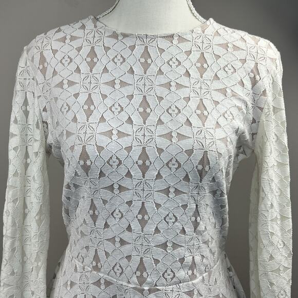 BCBG Maxzaria Estelle Off White Cream Lacy Overlay Top Shirt Size M Peplum Hem - Picture 2 of 13